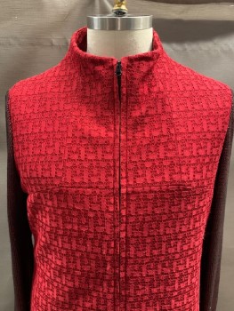 N/L, Red, Black, Silk, Viscose, Text, Abstract , High Neck, Zip Front, Burgundy Sleeves
