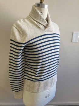 Mens, Pullover Sweater, RALPH LAUREN, Oatmeal Brown, Navy Blue, Cotton, Stripes - Horizontal , S, Textured Shawl Collar, 2 Btn. Detail, L/S,