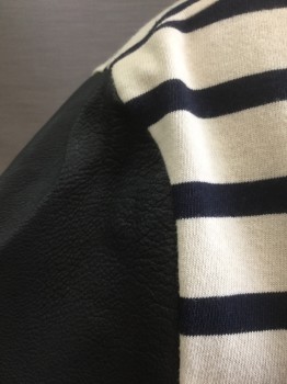 J CREW, Navy Blue, Cream, Cotton, Leather, Stripes - Horizontal , Solid, Torso is Cream with Navy Horizontal Stripes, Solid Navy Leather Short Sleeves, Crew Neck, Gold Zip at Center Back Neck, Pullover Tee Shirt