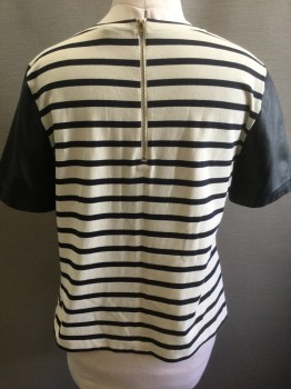 Womens, Top, J CREW, Navy Blue, Cream, Cotton, Leather, Stripes - Horizontal , Solid, L, Torso is Cream with Navy Horizontal Stripes, Solid Navy Leather Short Sleeves, Crew Neck, Gold Zip at Center Back Neck, Pullover Tee Shirt