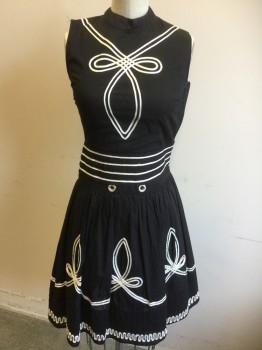 Womens, Dress, Sleeveless, JEAN PAUL GAULTIER, Black, Off White, Cotton, Solid, 0, Black with Off White Thin Ribbon Work Detail, Mock Neck with 2 Cover Button Back, Key Hold Back, 4 Horizontal Ribbon at Waist Band with 2 Metal Ring Button " Jean Paul Gaultier" Side Zip, Gathered Skirt with Matching Ribbon Design