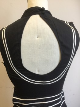 Womens, Dress, Sleeveless, JEAN PAUL GAULTIER, Black, Off White, Cotton, Solid, 0, Black with Off White Thin Ribbon Work Detail, Mock Neck with 2 Cover Button Back, Key Hold Back, 4 Horizontal Ribbon at Waist Band with 2 Metal Ring Button " Jean Paul Gaultier" Side Zip, Gathered Skirt with Matching Ribbon Design