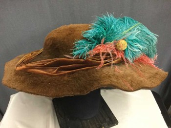 Rust Orange, Turquoise Blue, Rose Pink, Wool, Feathers, Solid, 22" Diameter, Velvet Sash Applique and Feather Decoration with Billy Button Hat Pin.  Underside Of Brim has Sage Velvet Encased Wire. Large Diameter Molded Crown,