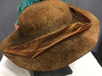 Rust Orange, Turquoise Blue, Rose Pink, Wool, Feathers, Solid, 22" Diameter, Velvet Sash Applique and Feather Decoration with Billy Button Hat Pin.  Underside Of Brim has Sage Velvet Encased Wire. Large Diameter Molded Crown,