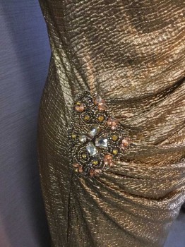 Womens, Evening Gown, ANNABELLE, Gold, Metallic, Polyester, Solid, 12, Textured Gold Lame, 1 Shoulder, Ruched At Side with Gold Beaded Detail with Orange and Gold Gemstones
