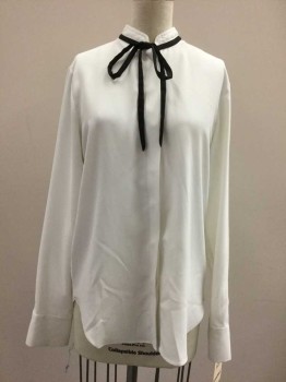 H&M, White, Black, Polyester, Solid, White with Black Self Tie Neck, Button Front, Long Sleeves,
