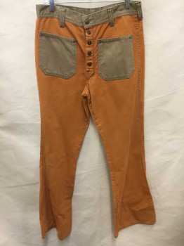 SMITH'S, Orange, Beige, Cotton, Solid, Color Blocking, Orange Denim, with Beige 1.5" Wide Waistband, 4 Patch Pockets, and Belt Loops, Decorative Buttons Over Zip Fly, Bell Bottoms, "Smith's" Logo On Metal Snap At Fly,