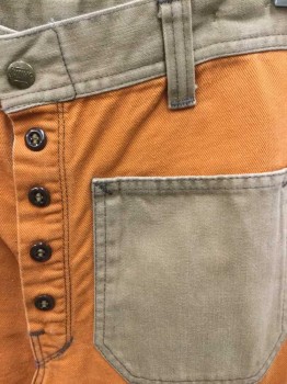 SMITH'S, Orange, Beige, Cotton, Solid, Color Blocking, Orange Denim, with Beige 1.5" Wide Waistband, 4 Patch Pockets, and Belt Loops, Decorative Buttons Over Zip Fly, Bell Bottoms, "Smith's" Logo On Metal Snap At Fly,