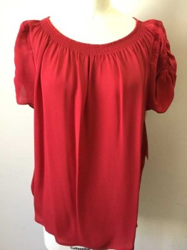 Joie, Red, Silk, Solid, Peasant Blouse, Smocked Puff Short Sleeve,  Smocked Scoop Neck