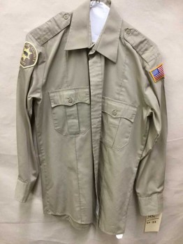 Mens, Fire/Police Shirt, Law Pro, Khaki Brown, Polyester, Solid, 32/33, 14.5, Long Sleeves, Collar Attached, Button Front, Epaulets, 2 Batwing Flap Pockets, Stitched Creases, Flag Patch On Left Arm, "Orange County Sheriff On The Right