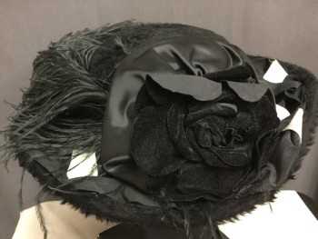 Black, White, Wool, Feathers, Solid, Angora Fluffy Molded Low Crown, Large Poly Satin Bow and Velveteen Rose Front, Large Feather Plumes To The Right. White and Black Braided Ribbon Detail,
