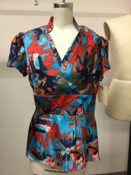 NO LABEL, Red, Turquoise Blue, Navy Blue, Black, Brown, Polyester, Abstract , Floral, Surplice, V-neck, Cap Sleeves, Stand Collar Empire Waist, Side Zipper,