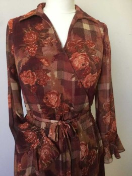 Womens, Dress, Long & 3/4 Sleeve, EMMA JAMES , Orange, Brown, Tan Brown, Wine Red, Black, Polyester, Floral, Geometric, 10, Orange/brown/tan/wine/black Floral/square Woven Print, Solid Brown Lining, Collar Attached, Overlap V-neck, Long Sleeves W/ruffle, 2 Pleat/kick Bottom Hem, Floor Length