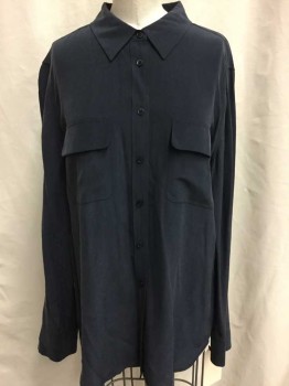 Womens, Blouse, EQUIPMENT, Navy Blue, Silk, Solid, L, Long Sleeves, Button Front, Collar Attached, 2 Pockets,
