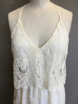 Womens, Evening Gown, ASTR, Cream, Cotton, Polyester, Floral, XS, (DOUBLE) Cream Floral Lace with Cream Lining, Cream Lace Flap with Spaghetti Straps Halter, Elastic Waist, Pullover