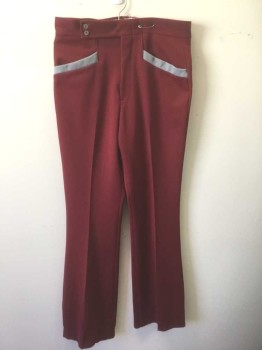 N/L, Maroon Red, Gray, Polyester, Solid, Gray Accents on Front Pockets, Zip Fly, 2 Button Tab Waist, Boot Cut Leg **Worn Where Taken In/Let Out at Center Back Waist Seam