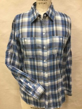 SANDRA INGRISH, Off White, Gray, Teal Blue, Dk Gray, Cotton, Plaid, Off White W/multi Gray, Teal Blue Plaid, Double White Top-stitch, Collar Attached, Button Front, 2 Pockets W/1 White Button, Long Sleeves,