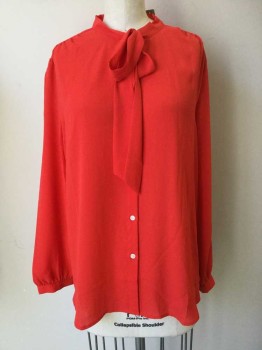 J CREW, Red, Polyester, Solid, Red, Button Front, Self Tie Neck, Long Sleeves,