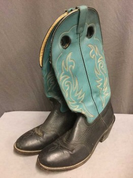 Mens, Cowboy Boots , DOUBLE H, Turquoise Blue, Black, Cream, Beige, Leather, Color Blocking, 11, Turquoise Ankle, Black Foot, Cream, Beige and Black Embroidery, Hole Cut Outs at Top of Leg Opening, 2" Cuban Heel