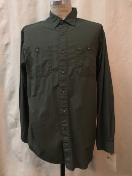 Mens, Casual Shirt, CARHARTT, Olive Green, Cotton, Solid, L, Olive Green, Long Sleeves, Button Front, Collar Attached, 2 Pockets
