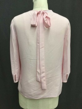 PRADA, Lt Pink, Polyester, Solid, Crew Neck with Gathered Detail at Front, Long Sleeves, with Self Tie  at Center Back Neck with Slit