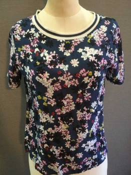 Womens, Top, SPLENDID, Slate Blue, Off White, Gray, Pink, Lime Green, Rayon, Floral, M, Slate Blue W/off White, Pink, Gray, Lime, Red Cluster Floral Print, Off White Ribbed Knit W/navy Stripes Round Neck,  Short Sleeve, Side Split Hem, Key Hole Back W/2  Navy Button