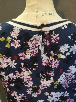 Womens, Top, SPLENDID, Slate Blue, Off White, Gray, Pink, Lime Green, Rayon, Floral, M, Slate Blue W/off White, Pink, Gray, Lime, Red Cluster Floral Print, Off White Ribbed Knit W/navy Stripes Round Neck,  Short Sleeve, Side Split Hem, Key Hole Back W/2  Navy Button