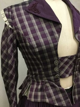 Womens, Historical Fiction Top, MTO, Purple, Cream, Gray, Silk, Plaid, W25, 32B, Jacket, Taffeta, Long Sleeves, Pleated Ruffle Cuffs And Shoulder Caps, Hook & Eyes, Contrast Purple Trim At Lapel And Knee Length Bustle