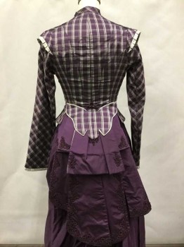 MTO, Purple, Cream, Gray, Silk, Plaid, Jacket, Taffeta, Long Sleeves, Pleated Ruffle Cuffs And Shoulder Caps, Hook & Eyes, Contrast Purple Trim At Lapel And Knee Length Bustle