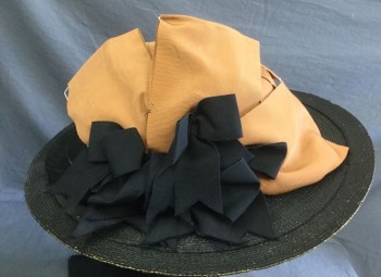 N/L, Faded Black, Orange, Black, Straw, Silk, Solid, Faded Black Straw, Wide Brim, Crown is Covered in Pleated Orange Faille, Black Faille Band and Bows Detail **Coming Apart at Seam at Crown, Some of the Straw is Chipped/Worn Showing Tan Color Underneath,