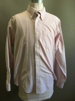 BROOKS BROTHERS, Dk Red, White, Cotton, Stripes, Button Front, Collar Attached, Button Down Collar, Long Sleeves, 1 Pocket