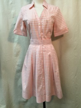 BROOKS BROTHERS, Blush Pink, White, Coral Pink, Cotton, Gingham, Button Front, V-neck, Collar Attached, Short Sleeves, Pleated Skirt, Self Tie Belt (repro)