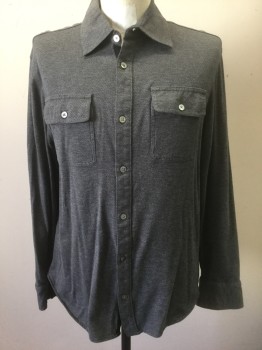 BANANA REPUBLIC, Gray, Charcoal Gray, Cotton, Speckled, 2 Color Weave, Gray with Charcoal Zig Zag Weave, Flannel, Long Sleeve Button Front, Collar Attached, 2 Patch Pockets with Button Flap Closures