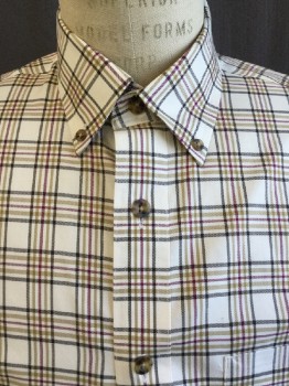 CABELAS, Cream, Maroon Red, Khaki Brown, Dk Brown, Cotton, Polyester, Plaid, Collar Attached, Button Down, Button Front, 1 Pocket, Long Sleeves,