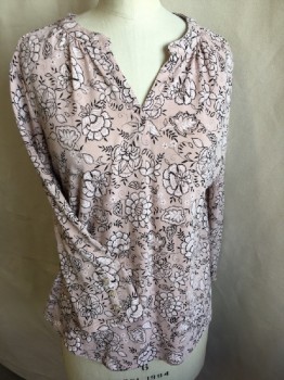 Womens, Top, LIZ CLAIBORNE, Lt Pink, Black, Off White, Polyester, Spandex, Floral, Round V-neck, 3/4 Sleeves with 3 Buttons