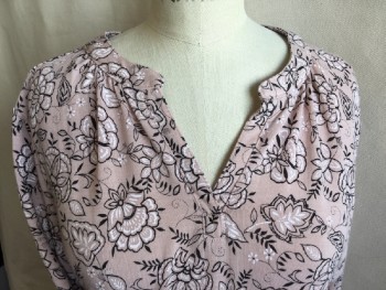 LIZ CLAIBORNE, Lt Pink, Black, Off White, Polyester, Spandex, Floral, Round V-neck, 3/4 Sleeves with 3 Buttons