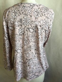 LIZ CLAIBORNE, Lt Pink, Black, Off White, Polyester, Spandex, Floral, Round V-neck, 3/4 Sleeves with 3 Buttons
