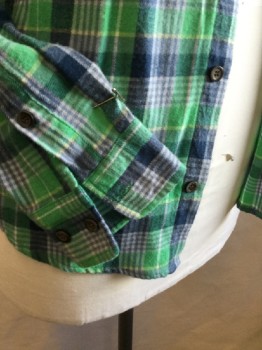 LRG  WOVENS, Lime Green, Teal Blue, Baby Blue, Yellow, White, Cotton, Plaid, Collar Attached, Button Front, Long Sleeves, 2 Pockets