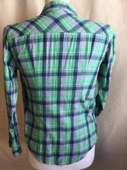 LRG  WOVENS, Lime Green, Teal Blue, Baby Blue, Yellow, White, Cotton, Plaid, Collar Attached, Button Front, Long Sleeves, 2 Pockets
