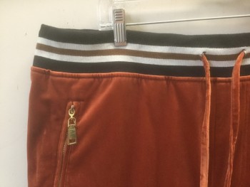 Mens, Sweatsuit Pants, PRESTIGE, Rust Orange, Black, White, Brown, Polyester, Rayon, Solid, 3XL, Rust Velvet with Black/White/Brown Striped Rib Knit Waistband, Drawstrings at Waist, 4 Pockets