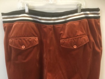 Mens, Sweatsuit Pants, PRESTIGE, Rust Orange, Black, White, Brown, Polyester, Rayon, Solid, 3XL, Rust Velvet with Black/White/Brown Striped Rib Knit Waistband, Drawstrings at Waist, 4 Pockets