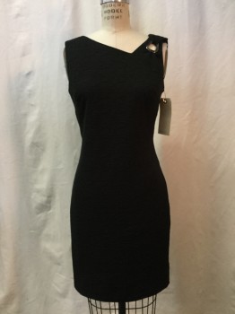 Womens, Cocktail Dress, LAUNDRY, Black, Silver, Polyester, Solid, 4, Crinkled Material with Specks of Silver Glitter, Sleeveless with Asymmetrical Neckline, Silver Hardware at One Shoulder, Fitted, Above Knee Length
