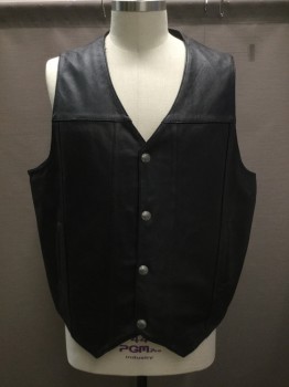 Mens, Leather Vest, FMC, Black, Leather, Solid, 5XL, Snap Front, Yoke Front ***remnants of Taped Patch on Back***