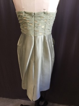 Womens, Cocktail Dress, ADRIANNA PAPELL, Lt Olive Grn, Silk, Cotton, B: 34, 10, W: 26, Strapless, Horizontal Gathered Bodice With Metallic Gold/Silver Circles,  Zip Back, with Solid Bottom, 2 Pockets, Comes With Matching Jacket