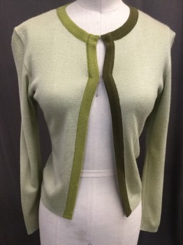 Womens, Sweater, URBAN & COMPANY, Sage Green, Olive Green, Brown, Cotton, Cashmere, Solid, S, Crew Neck, Ribbed Collar and Lapel in Brown on One Side and Olive on the Other, Hook and Eye Closures