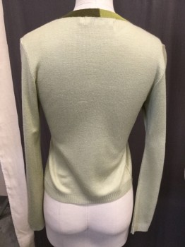 Womens, Sweater, URBAN & COMPANY, Sage Green, Olive Green, Brown, Cotton, Cashmere, Solid, S, Crew Neck, Ribbed Collar and Lapel in Brown on One Side and Olive on the Other, Hook and Eye Closures