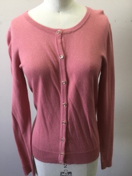 7TH AVE & NY & CO, Dusty Rose Pink, Cotton, Rayon, Solid, Scoop Neck, Long Sleeves, Ribbed Waist, Light Pink Rhinestone Buttons