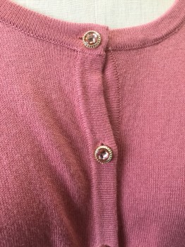Womens, Sweater, 7TH AVE & NY & CO, Dusty Rose Pink, Cotton, Rayon, Solid, S, Scoop Neck, Long Sleeves, Ribbed Waist, Light Pink Rhinestone Buttons