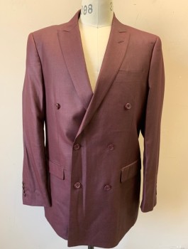 VITALI, Red Burgundy, Viscose, Polyester, Solid, Sharkskin Weave, Double Breasted, Peaked Lapel, 2 Flap Pckts, 1 Breast Pckt, 2 Side Vents
