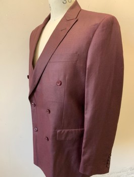 VITALI, Red Burgundy, Viscose, Polyester, Solid, Sharkskin Weave, Double Breasted, Peaked Lapel, 2 Flap Pckts, 1 Breast Pckt, 2 Side Vents